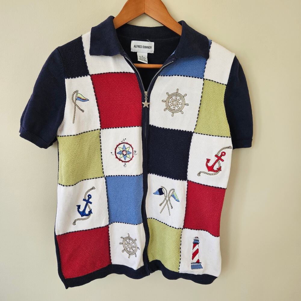 Vintage Alfred Dunner Nautical Embroidered Short Sleeve Cardigan, Size S